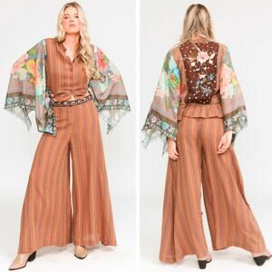 ARATTA Anthropologie Brown Striped Floral Set Mariah Stripe Pants Size Medium